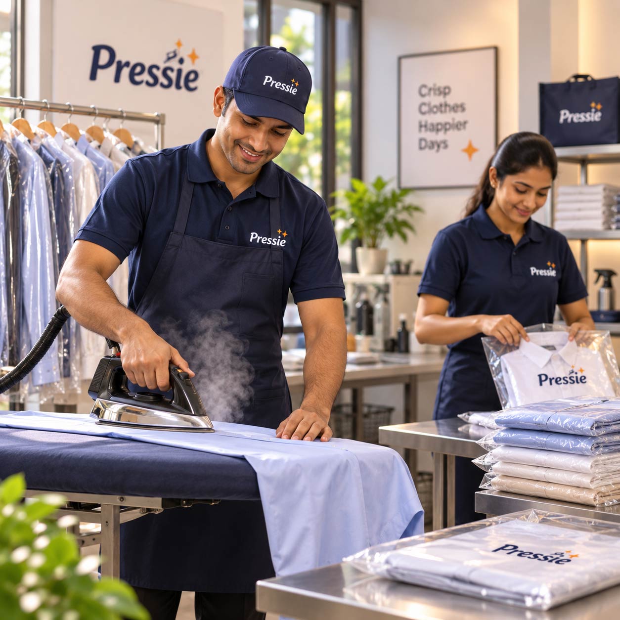 Expert steam pressing on industrial tables
